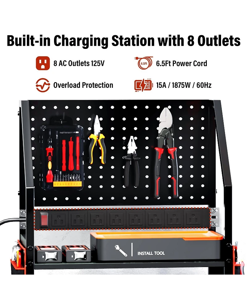 Xdovet Heavy-Duty Rolling Power Tool Storage Cart with Charging Station and Drill Rack
