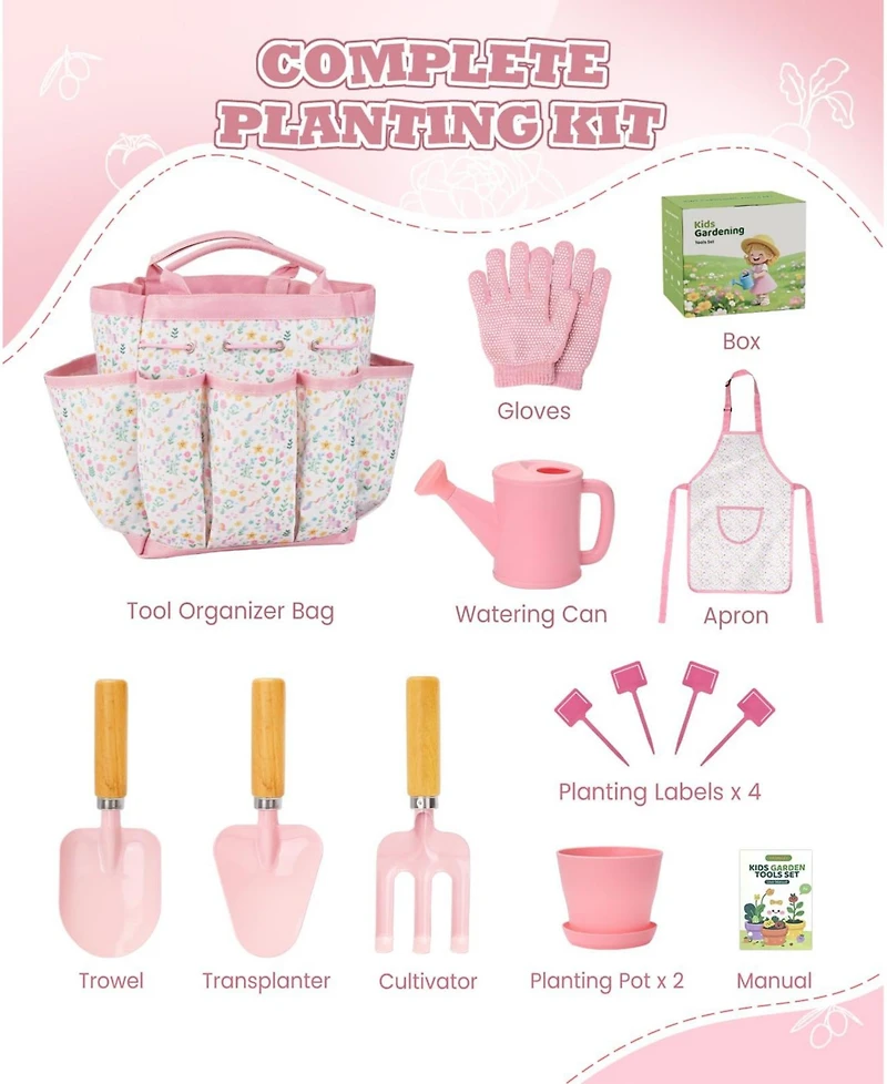 Xdovet Gardening Tools Kit Wooden Rake Shovels Gloves Watering Can Apron Tote Bag Kids Outdoor