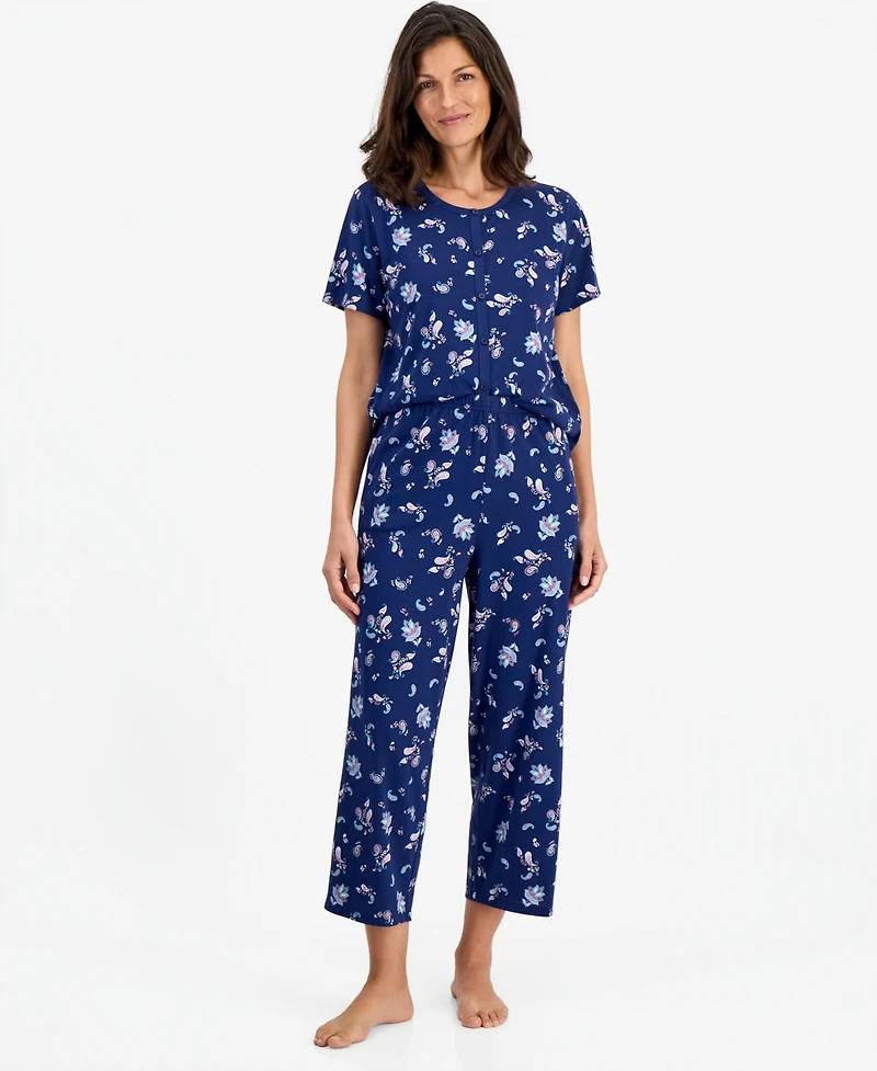 Charter Club Women's 2-Pc. Cotton Printed Cropped Pajamas Set