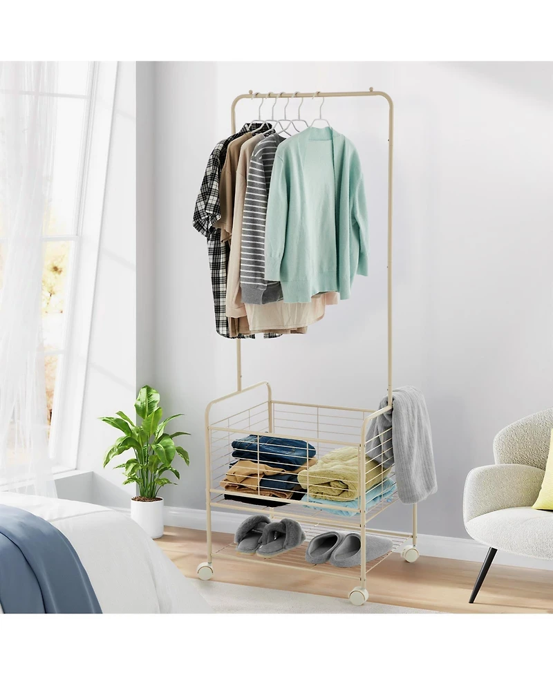 homfan Entryway Clothes Rack with Wheels and Storage Basket, 68 Inch Metal Hall Tree with Hanging Rod and Shelves for Coat, Bag, Shoe Storage