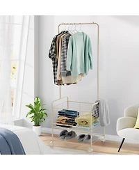 homfan Entryway Clothes Rack with Wheels and Storage Basket, 68 Inch Metal Hall Tree with Hanging Rod and Shelves for Coat, Bag, Shoe Storage