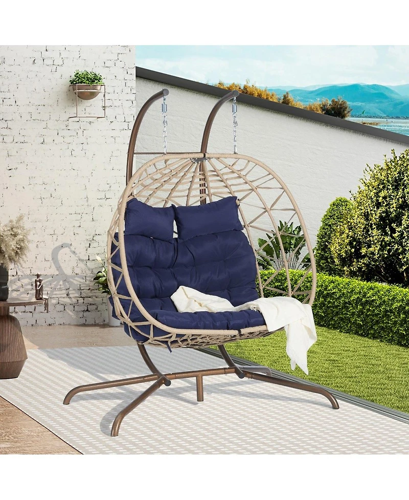 Asagikoiai 2 Person Rattan Hanging Egg Chair with Stand, Double Outdoor Swing