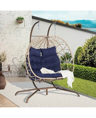 Asagikoiai 2 Person Rattan Hanging Egg Chair with Stand, Double Outdoor Swing