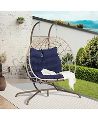 Asagikoiai 2 Person Rattan Hanging Egg Chair with Stand, Double Outdoor Swing