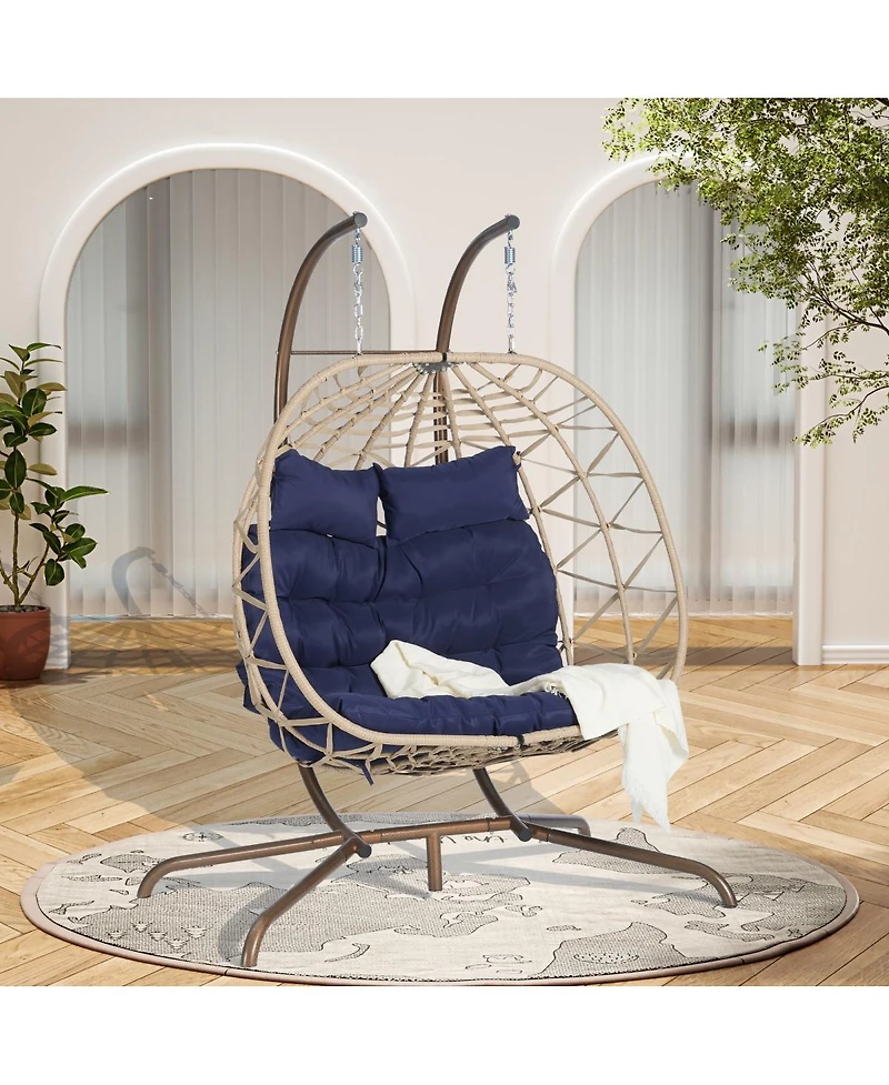 Asagikoiai 2 Person Rattan Hanging Egg Chair with Stand, Double Outdoor Swing