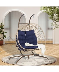 Asagikoiai 2 Person Rattan Hanging Egg Chair with Stand, Double Outdoor Swing