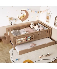 Streamdale Furniture Twin Bed with Bookshelves Staircase Safety Rails and Trundle