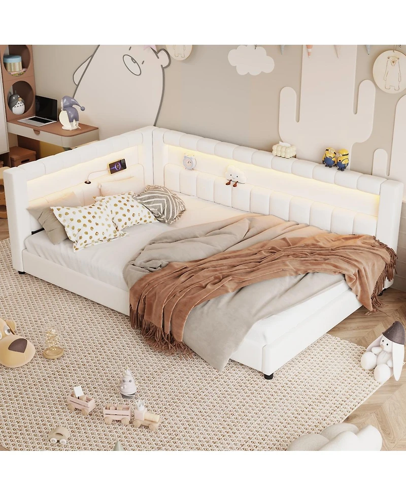 Streamdale Furniture Upholstered Platform Bed with Usb Ports and Led Belt Cream