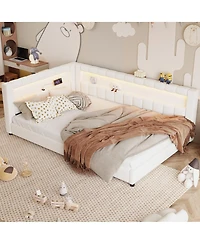 Streamdale Furniture Upholstered Platform Bed with Usb Ports and Led Belt Cream