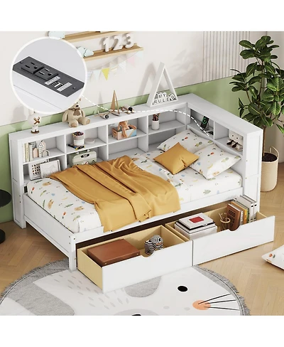 Streamdale Furniture Wooden Daybed with 2 Drawers Storage Shelf and Usb Ports
