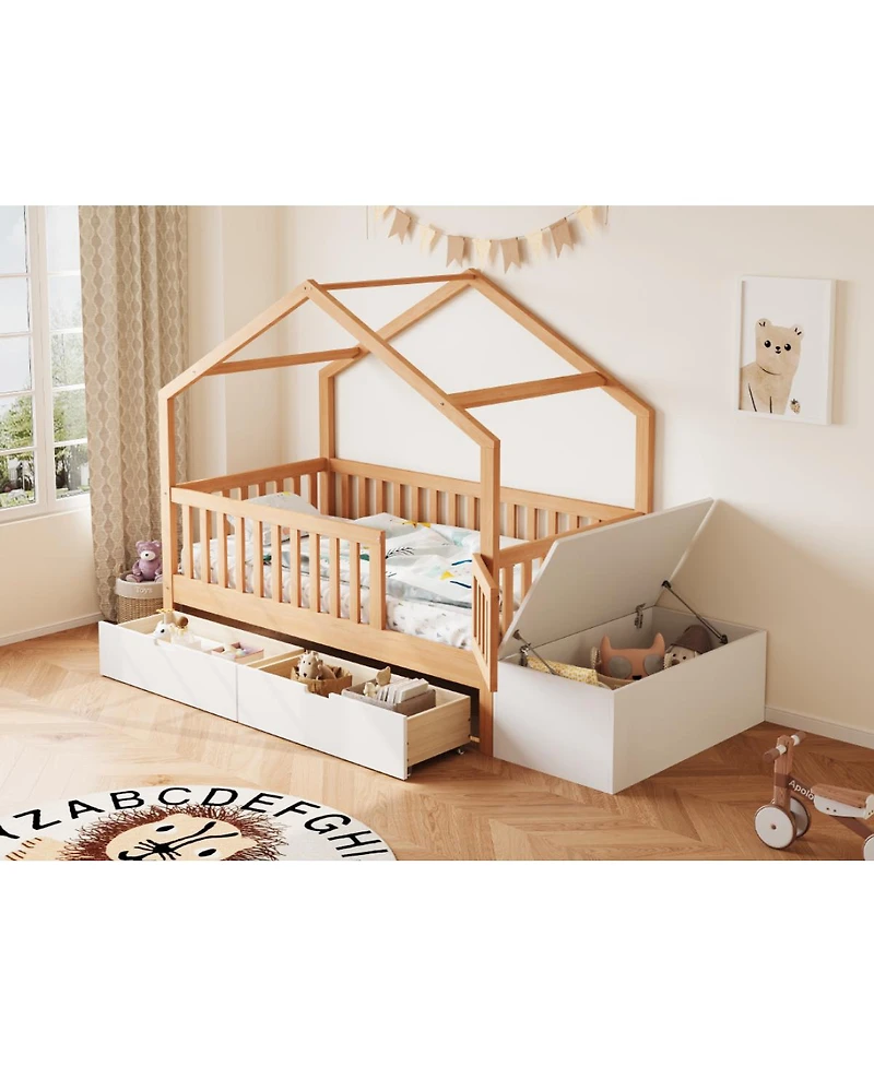 Streamdale Furniture Toddler Playhouse Bed with Storage Drawers Safety Railings and Lift-Top Chest