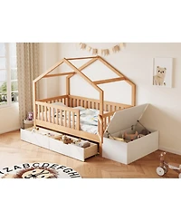 Streamdale Furniture Toddler Playhouse Bed with Storage Drawers Safety Railings and Lift-Top Chest
