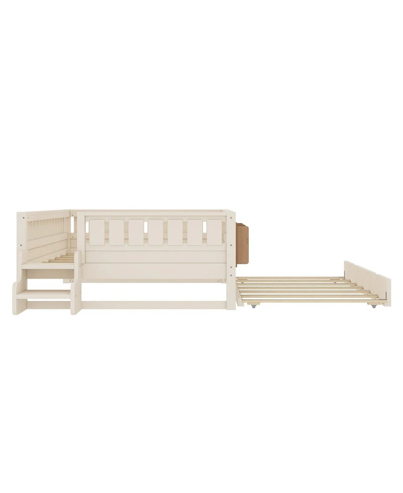 Streamdale Furniture Full Loft Bed with Bookshelves Staircase Safety Rails and Trundle