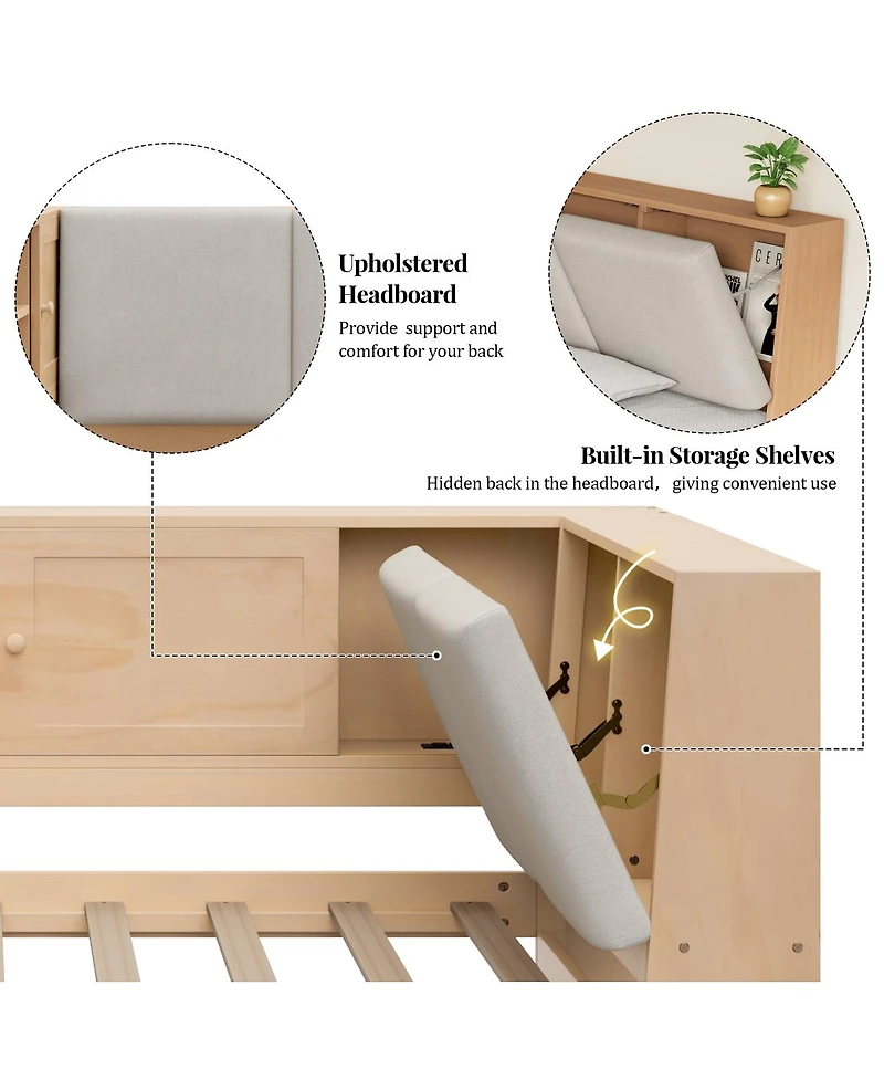Streamdale Furniture Wooden L-Shaped Twin Daybed with Storage Bookcase and Usb Ports