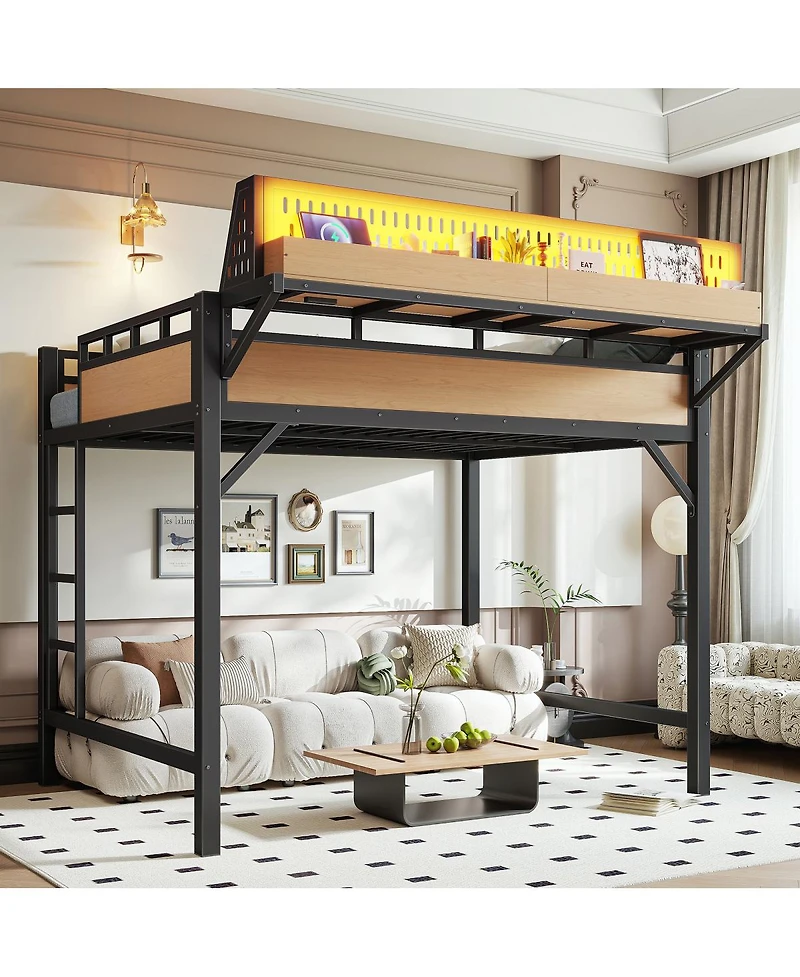 Streamdale Furniture Metal Loft Bed with Storage Usb Ports and Led Lights