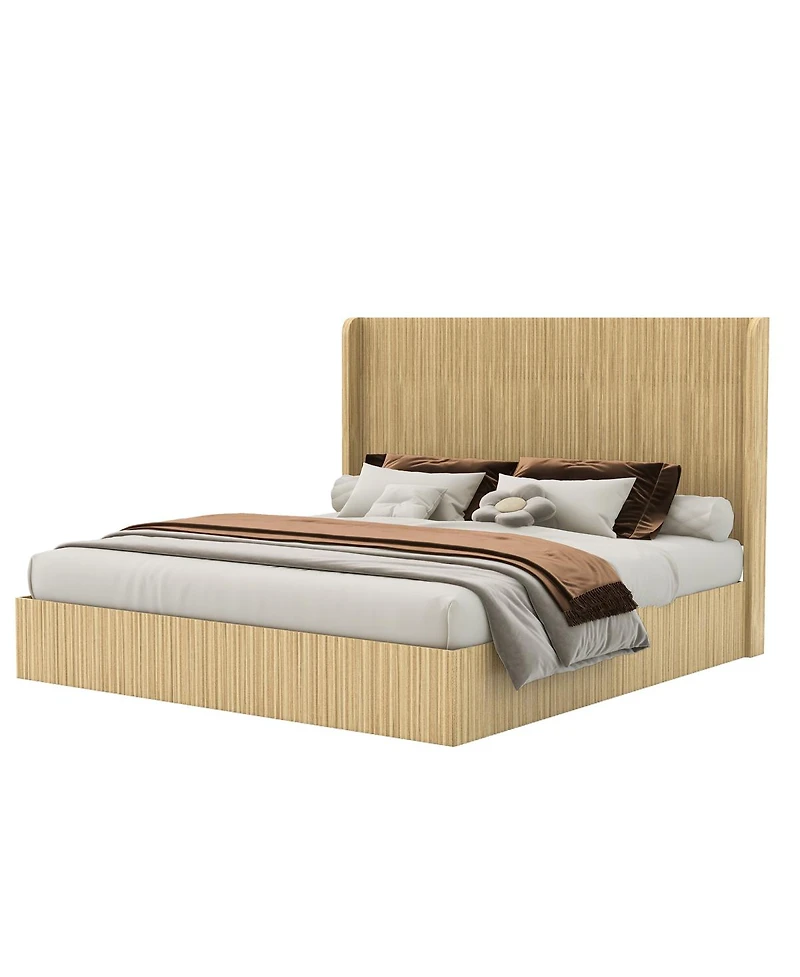 Streamdale Furniture King Size Mid-Century Fluted Wood Platform Bed with Wingback Headboard