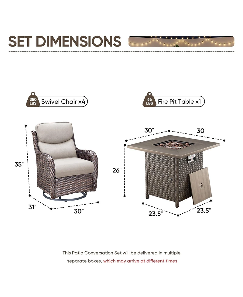 Pocassy 5 Pieces Fire Pit Patio Furniture Set 4 Thick Cushioned Swivel Chairs with Table Outdoor Conversation