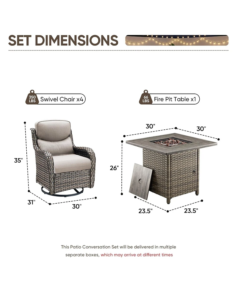 Pocassy 5 Pieces Fire Pit Patio Furniture Set 4 Thick Cushioned Swivel Chairs with Table Outdoor Conversation