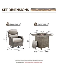 Pocassy 5 Pieces Fire Pit Patio Furniture Set 4 Thick Cushioned Swivel Chairs with Table Outdoor Conversation