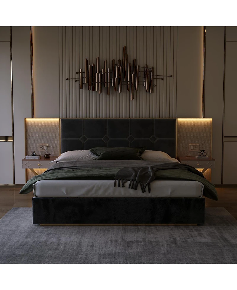 Streamdale Furniture Luxurious Velvet Platform Bed with Built-in Lamps Tables and Metal Frame