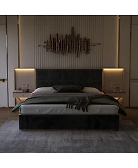 Streamdale Furniture Luxurious Velvet Platform Bed with Built-in Lamps Tables and Metal Frame