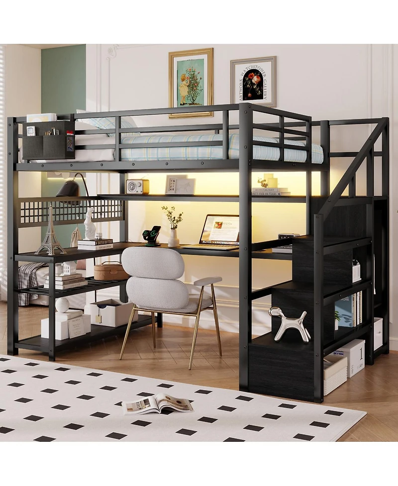 Streamdale Furniture Metal Loft Bed with Staircase Wardrobe Desk and Led Lights