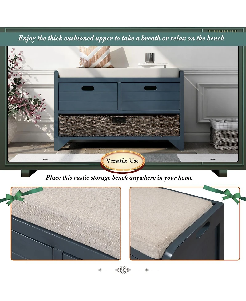 Streamdale Furniture Storage Bench with 2 Drawers Removable Basket and Cushion