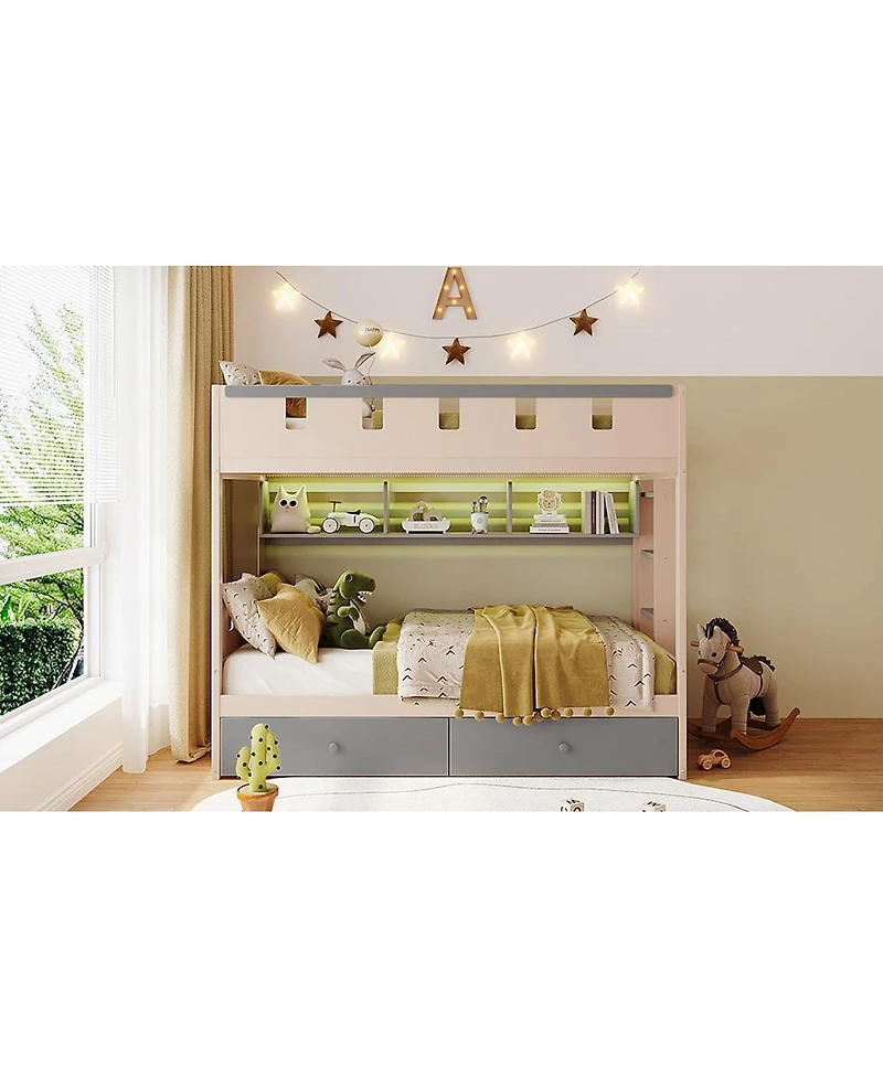 Streamdale Furniture Twin Size Castle-Style Wooden Loft Bed with Led Lights and Storage Drawers