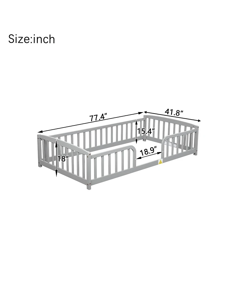 Streamdale Furniture Twin Size Floor Fence Bed with Guardrails