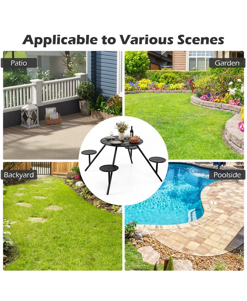 Gouun Heavy-Duty Round Galvanized Iron Picnic Table for 4 with Built-In Seats