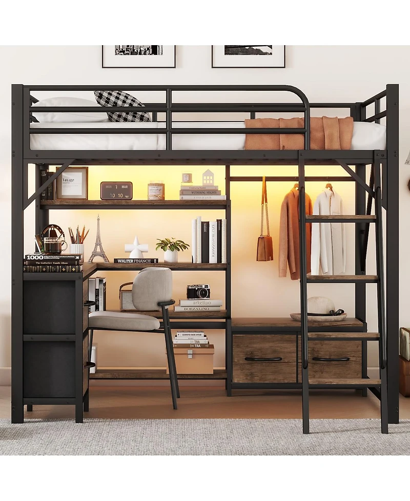 Streamdale Furniture Full Size Metal Loft Bed with Desk Storage Shelves Wardrobe and Drawers