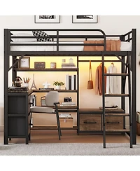 Streamdale Furniture Full Size Metal Loft Bed with Desk Storage Shelves Wardrobe and Drawers