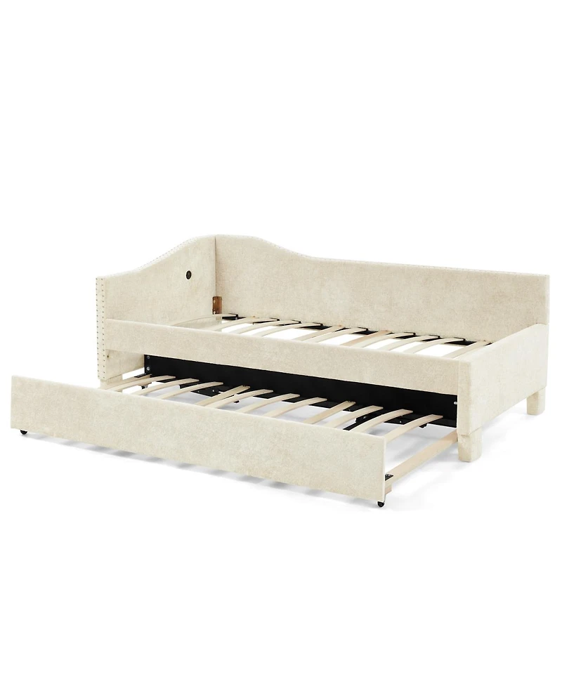 Streamdale Furniture Full Size Curved Padded Daybed with Trundle Nailhead Trim and Usb Port