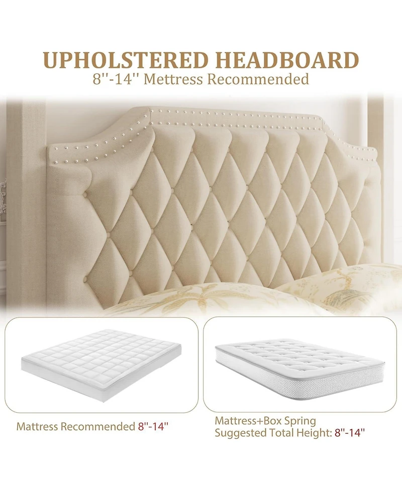 gaomon Canopy Bed Frame with Headboard Wingback, Soft Fabric, Retro Simple Style Platform Bed No Box Spring Needed