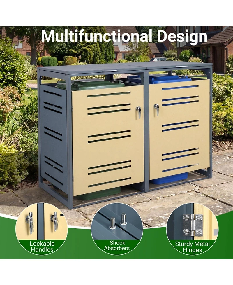 Gouun Outdoor Galvanized Steel Garbage Bin Storage Shed for 2 Trash Cans-Yellow Trim