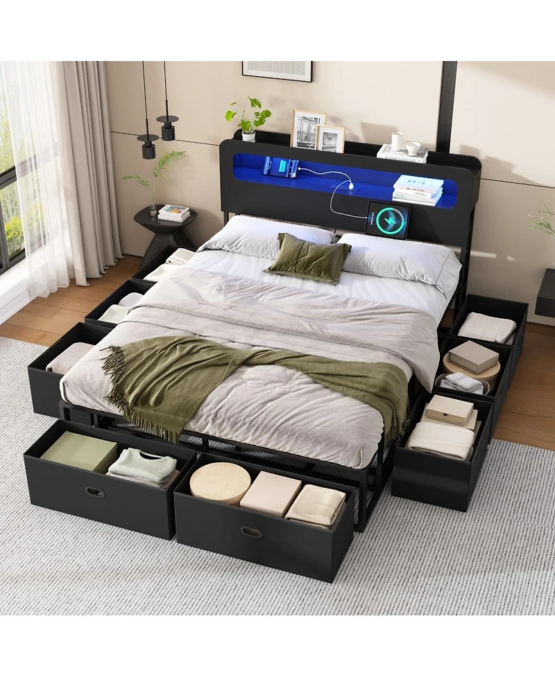 Streamdale Furniture Queen Bed Frame with Led Headboard Charging Station and 8 Storage Drawers