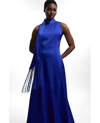 Karen Millen Women's Satin Cowl Neck Scarf Fringe Maxi Dress