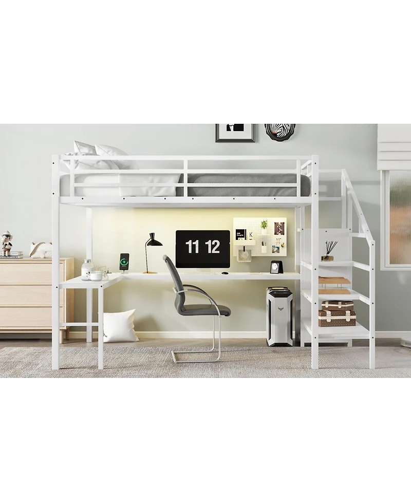 Streamdale Furniture Queen Loft Bed with L-Shaped Desk Wardrobe and Led Lights