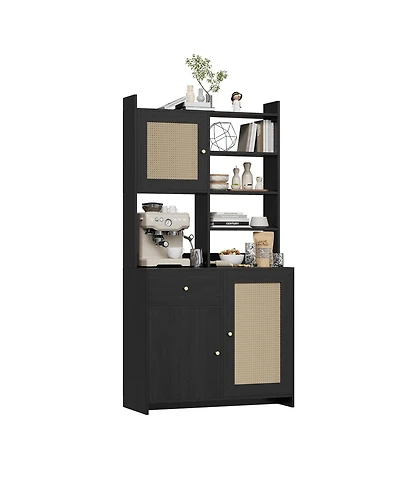 homfan 71 Inch Tall Kitchen Pantry Cabinet with Rattan Doors Storage Hutch Microwave Stand and Adjustable Shelves