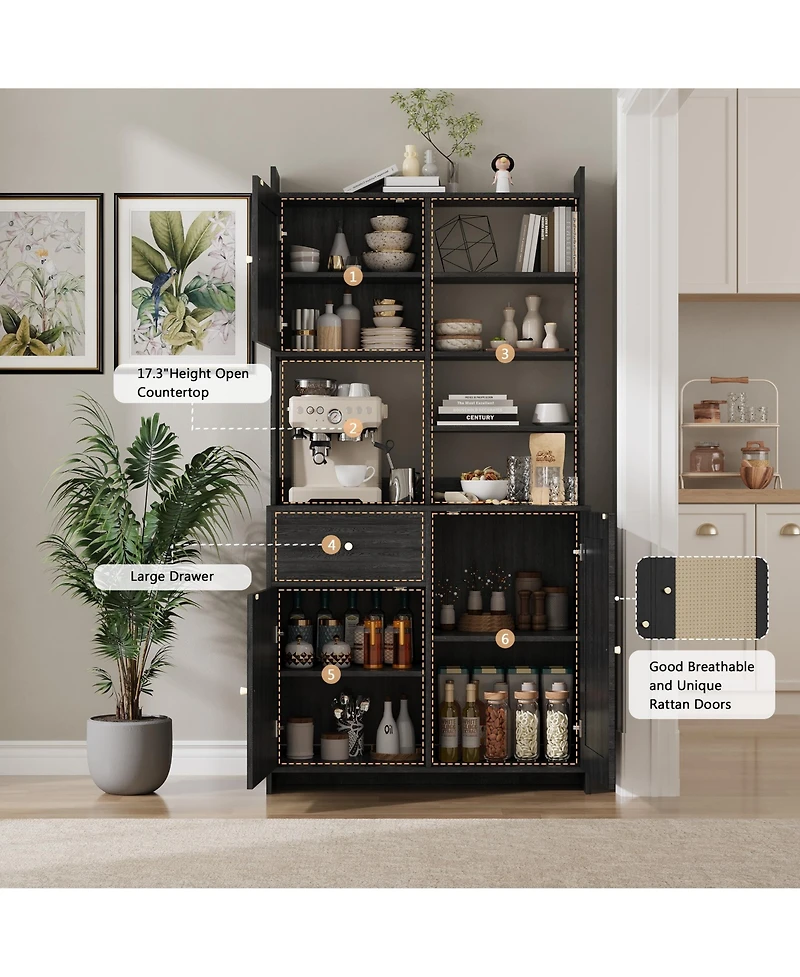homfan 71 Inch Tall Kitchen Pantry Cabinet with Rattan Doors Storage Hutch Microwave Stand and Adjustable Shelves
