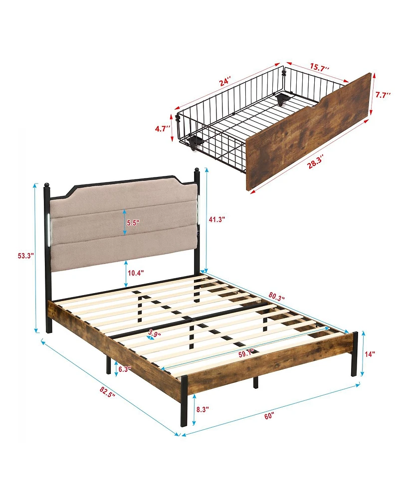 Streamdale Furniture Upholstered Bed Frame with Led Lights Charging Station and 2 Drawers