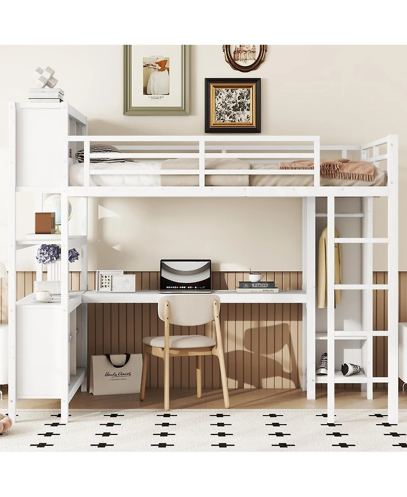 Streamdale Furniture Full Size Metal Loft Bed with Wardrobe L-Shaped Desk and Storage