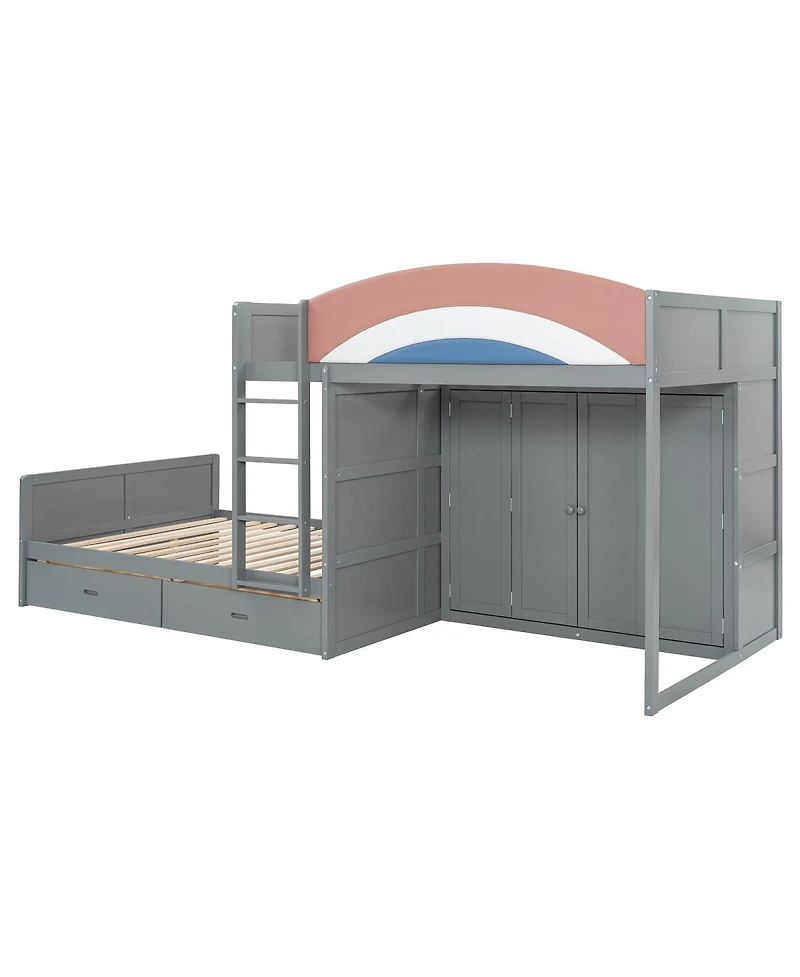 Streamdale Furniture Full Size Offset Bunk Bed with Wardrobe Drawers and Upholstered Guardrail