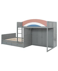 Streamdale Furniture Full Size Offset Bunk Bed with Wardrobe Drawers and Upholstered Guardrail