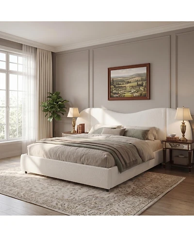 Streamdale Furniture Boucle Upholstered Bed Frame with Curved Wide Headboard Off