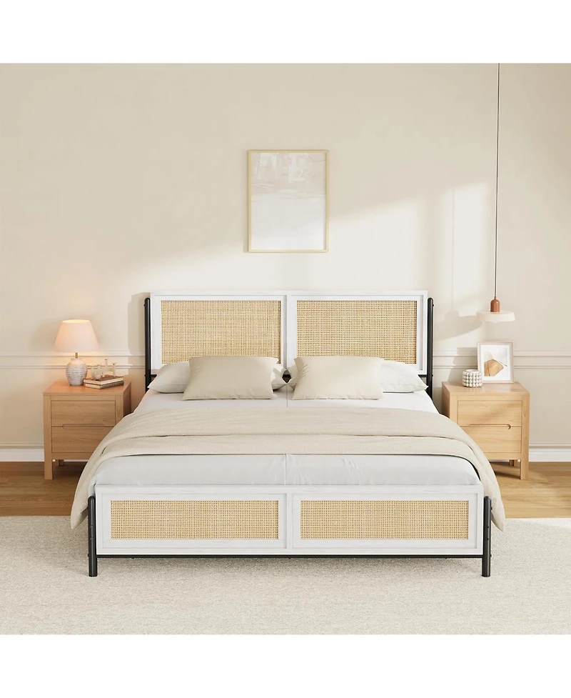 gaomon Boho Style Rattan Bed Frame with Rattan Headboard and Footboard Durable Wood and Metal Platform, Noise Free