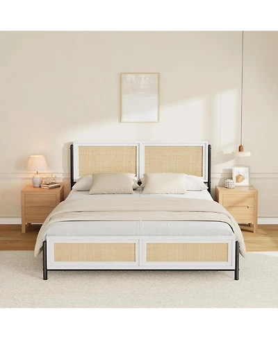 gaomon Boho Style Rattan Bed Frame with Rattan Headboard and Footboard Durable Wood and Metal Platform, Noise Free, Easy Assembly