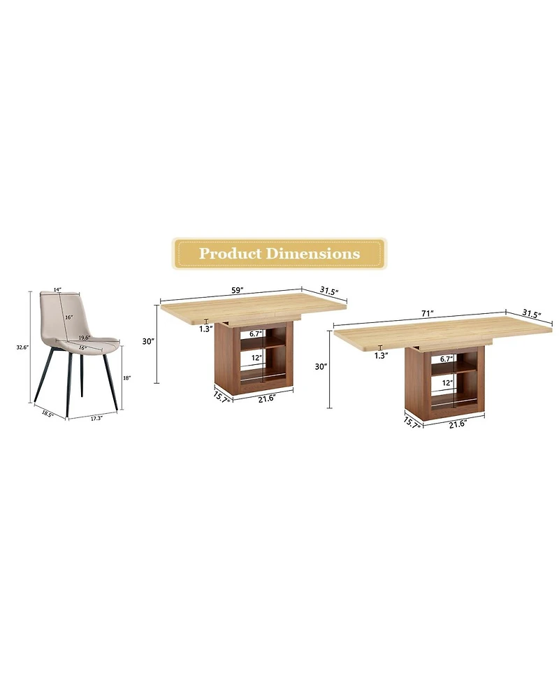 Streamdale Furniture 6-Piece Scalable Dining Set: 59-71 inch Pull-Out Table and Warm Gray Pu Chairs