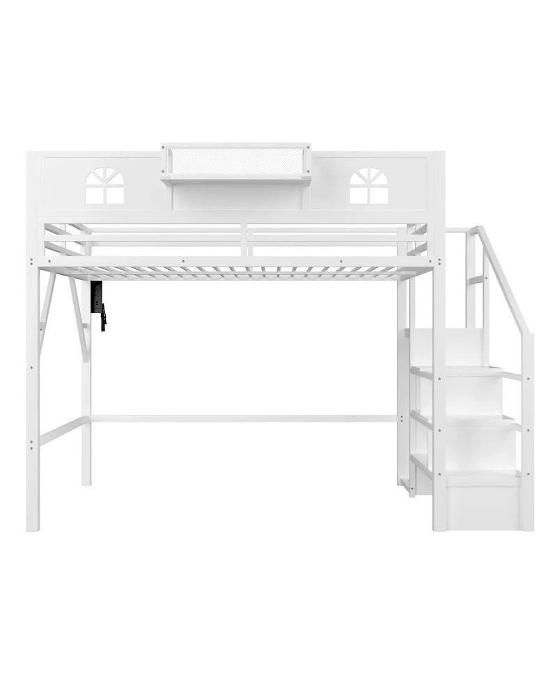 Streamdale Furniture Metal Loft Bed with Stairs Wardrobe and Guardrails