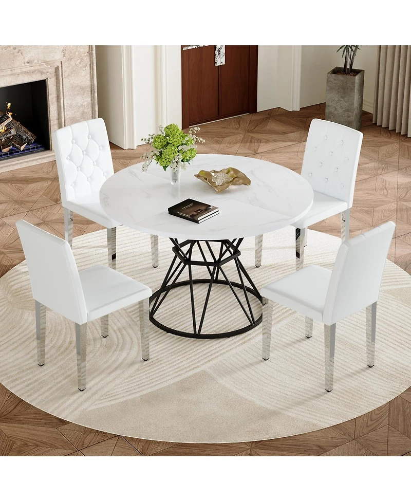 Streamdale Furniture 47.3 inch Circular Mdf Dining Table and 4 Ergonomic Pu Chairs Set